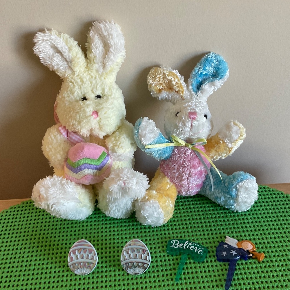 Vintage Easter Plush Bunny Pair Pastel Spring Decor Stuffed Rabbits - Picture 3 of 8